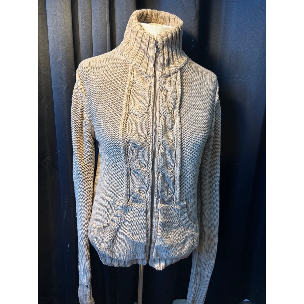 Old Navy Tan‎ Beige Cable Knit Full Zip Mock Neck Chunky Sweater  Womens M